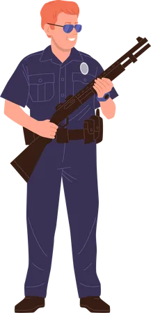 Gut ausgerüsteter, lächelnder männlicher Polizist in Uniform steht mit Waffe  Illustration