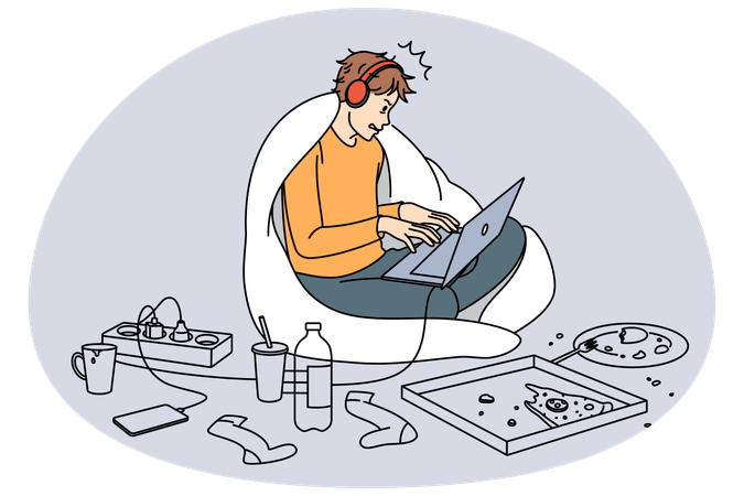 Guy addicted to gadgets play on laptop  Illustration