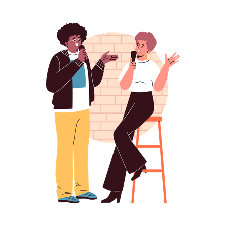 Guy and girl comedians uttering humorous dialogue  Illustration