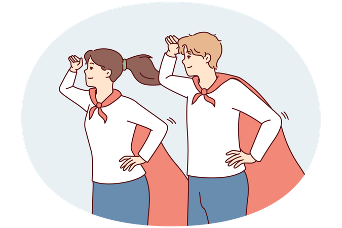 Guy and girl in superhero capes look into distance with their hands to their foreheads  Illustration
