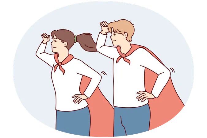 Guy and girl in superhero capes look into distance with their hands to their foreheads  Illustration
