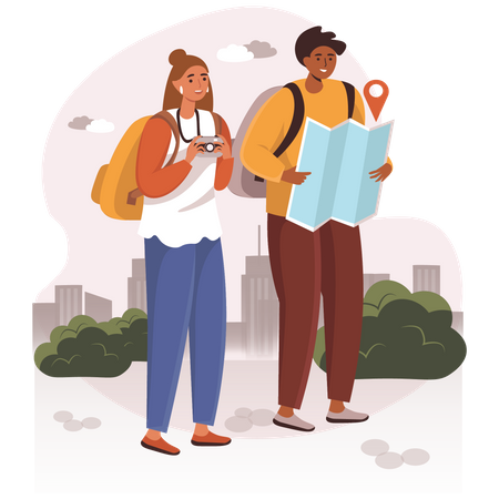 Guy and girl looking for landmark on the map Illustration