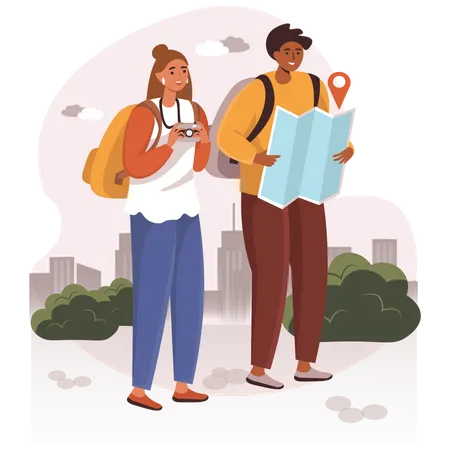 Guy and girl looking for landmark on the map  Illustration