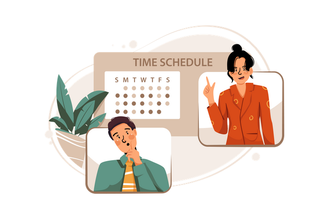 Guy and girl planning time schedule Illustration
