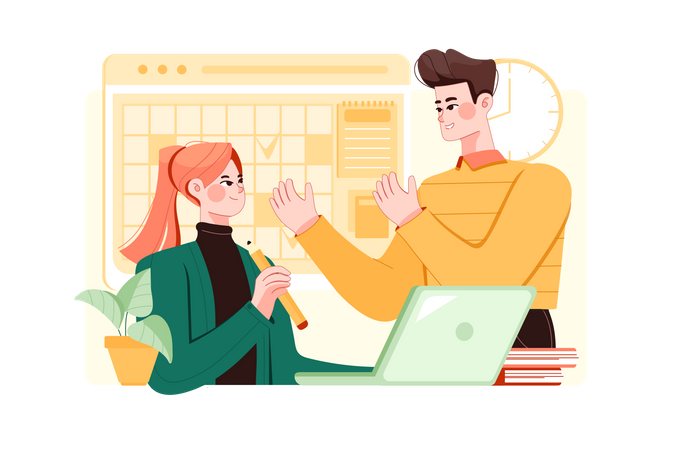 Guy and girl planning time schedule Illustration