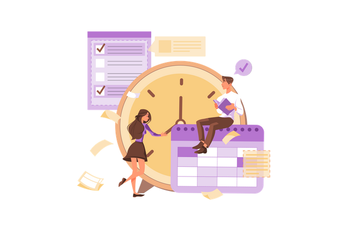 Guy and girl planning time schedule  Illustration