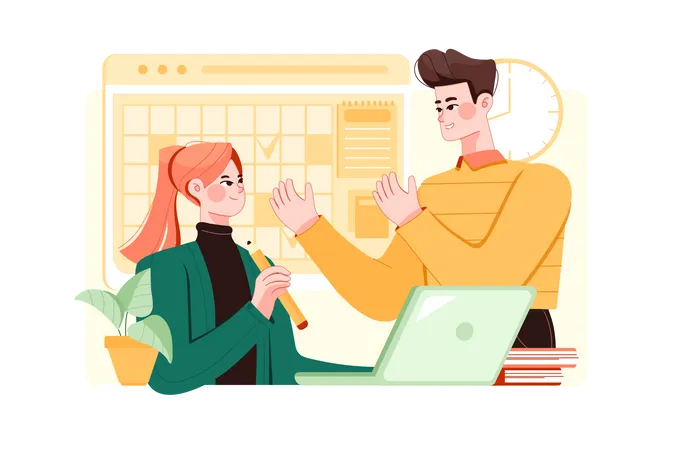 Guy and girl planning time schedule  Illustration