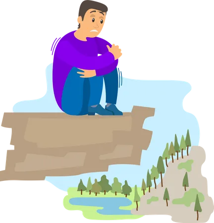 Man Suffering From Fear Of Of Heights Person Is Scared Of Being On High Rock Male Character Shaking Trembling With Fear Fear Of Heights Phobia Horror Guy At Altitude Suffers From Acrophobia Illustration
