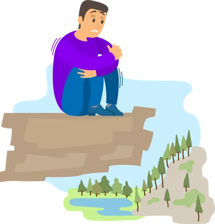 Guy at altitude suffers from acrophobia  Illustration