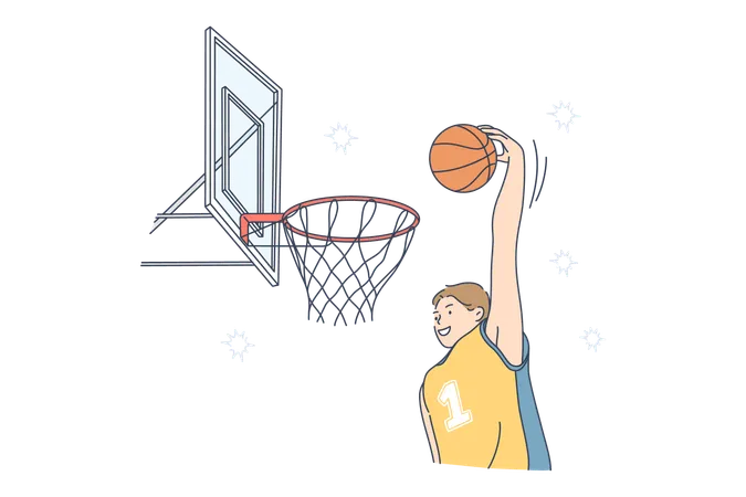 Sport Game Match Competition Hobby Concept Young Professional Man Guy Athlete Basketball Player Participated In Tourney Match On Court Field Jumping Scoring Athletic Slam Dunk Active Lifestyle Illustration