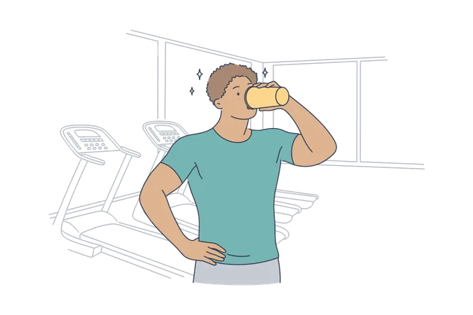 Health Care Drink Training Sport Rest Concept Young Tired African American Man Guy Athlete Drinking Protein Cocktail Or Milkshake In Gym Healthy Lifestyle And Active Recreation Illustration Illustration