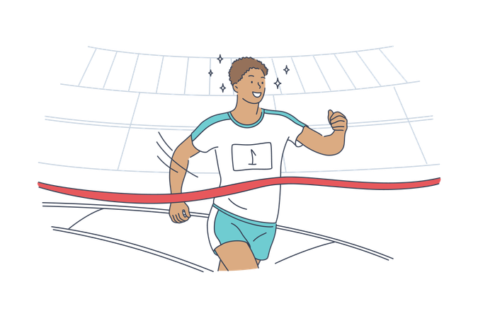 Guy athlete runner crosses finish line with ribbon at human race  Illustration