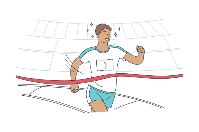 Triumph Sport Victory Success Championship Concept Young Happy Excited Smiling African American Man Guy Athlete Runner Crosses Finish Line With Ribbon At Human Race Goal Achievement Illustration Illustration