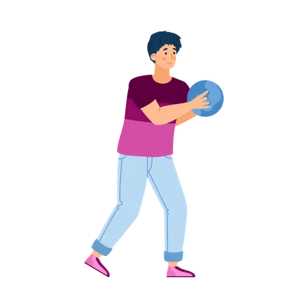 Guy bowling player with blue bowling ball in his right hand  Illustration