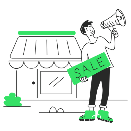 Guy calls for a sale at the store Illustration