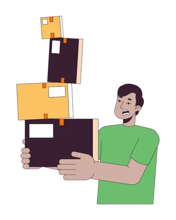 Troubled Indian Guy Carrying Unsteady Cardboard Boxes 2 D Linear Cartoon Character Parcels Holding South Asian Man Isolated Line Vector Person White Background Stressed Color Flat Spot Illustration Illustration