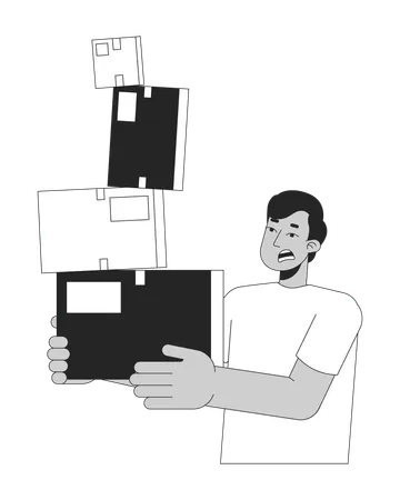 Troubled Indian Guy Carrying Unsteady Cardboard Boxes Black And White 2 D Line Cartoon Character Parcels Holding South Asian Man Isolated Vector Outline Person Monochromatic Flat Spot Illustration Illustration
