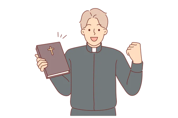 Guy In Clothes Of Catholic Priest Rejoices At Completing Studies Of Bible Allowing To Become Rector Of Church Happy Man Working In Christian Church Showing Book With Crucifix On Cover Illustration