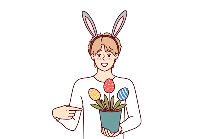 Guy celebrating easter holds pot of plants in shape of multi-colored eggs wears bunny ears on head  Illustration