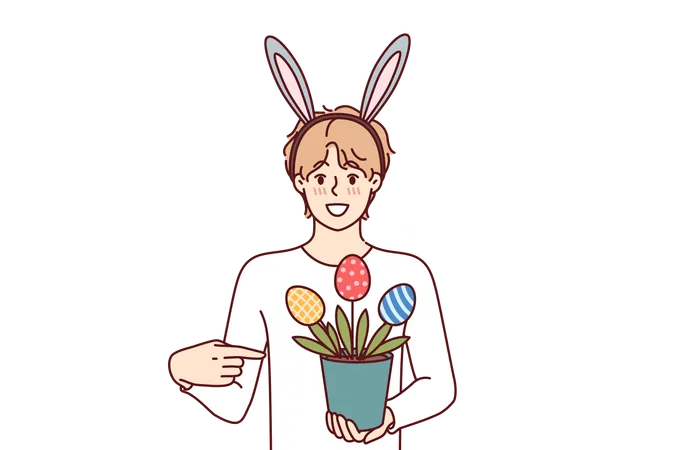 Teenage Guy Celebrating Easter Holds Pot Of Plants In Shape Of Multi Colored Eggs Wears Bunny Ears On Head Boy Invites To Celebrate Easter Together Or Buy Decorations To Create Festive Atmosphere Illustration