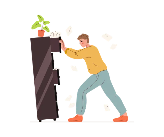 Guy Closes Cabinet Filled With Papers And Documents And Experiences Difficulties Due To Bureaucracy Casual Man Is Forced To Deal With Paperwork And Bureaucracy Leading To Burnout Illustration