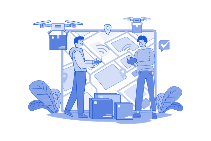 Guy delivering shopping boxes through electric wireless drone  Illustration