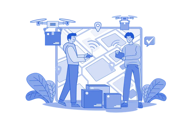 Guy With Tablet Caused Boxed Cargo Delivery Via Electric Wireless Drone Illustration