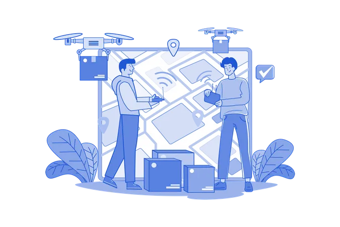 Guy delivering shopping boxes through electric wireless drone  Illustration