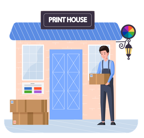 Guy delivers parcels to print house  Illustration