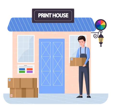 Guy delivers parcels to print house  Illustration