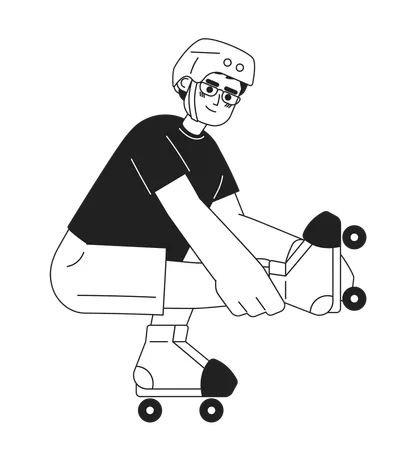 Guy Doing Tricks On Roller Skate Monochromatic Flat Vector Character Editable Thin Line Full Body Man In Helmet Squat Down Roller Skating On White Simple Bw Cartoon Spot Image For Web Graphic Design Illustration