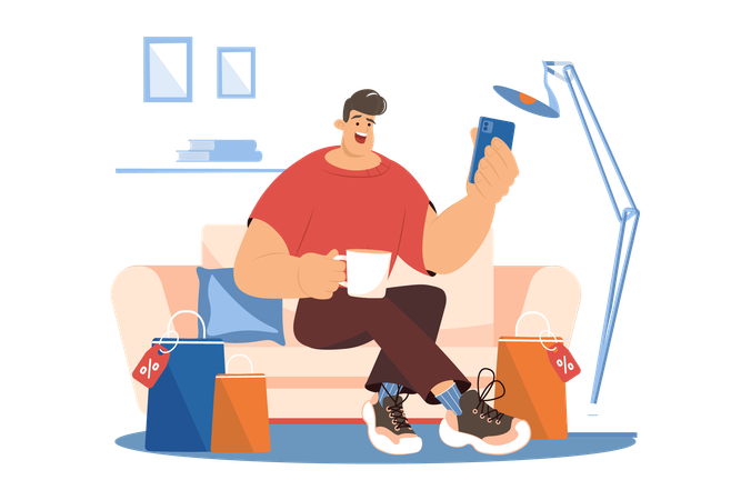 Guy drinks tea on the sofa and chooses products in the online store  Illustration