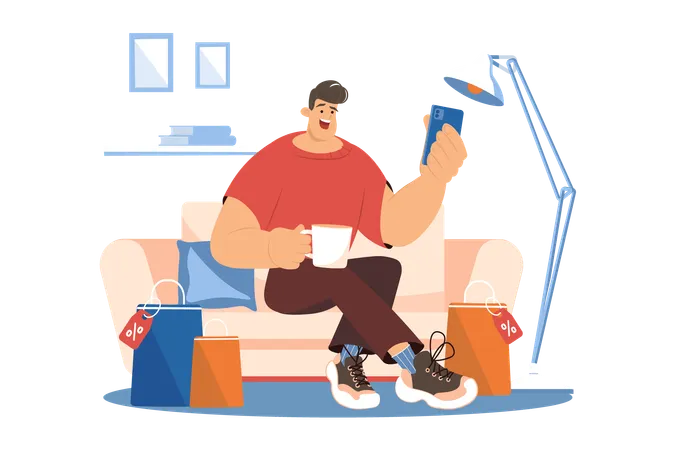 Guy drinks tea on the sofa and chooses products in the online store  Illustration
