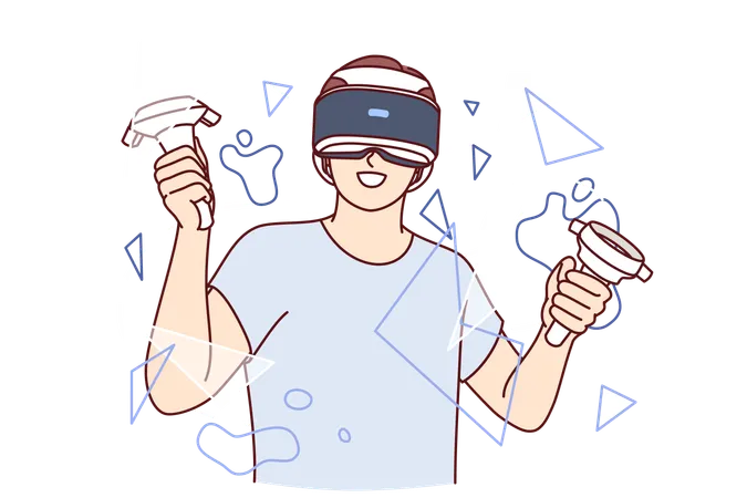 Guy With Virtual Reality Headset On Face Holds Joysticks For Video Games And Stands Among Rendered Broken Glass Teenager Boy Uses Vr Glasses And Studies Virtual Or Augmented Reality Technologies Illustration