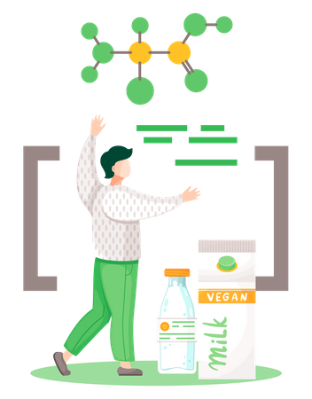 Guy examines the chemical composition of vegan milk  Illustration