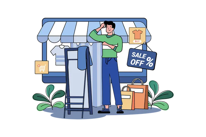 Guy Fitting Clothes In A Dressing Room At A Online Fashion Shop Illustration