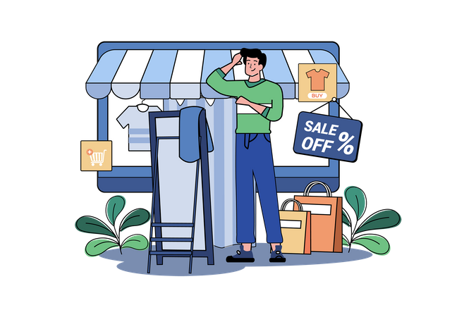 Guy Fitting Clothes In A Dressing Room At A Online Fashion Shop  Illustration