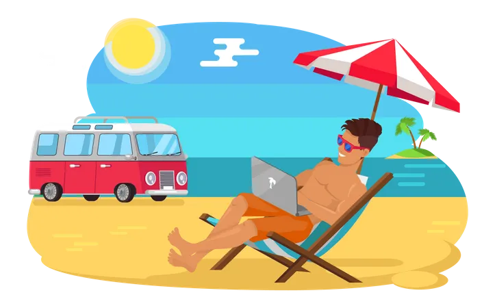 Guy freelancer with laptop working remotely on beach Illustration