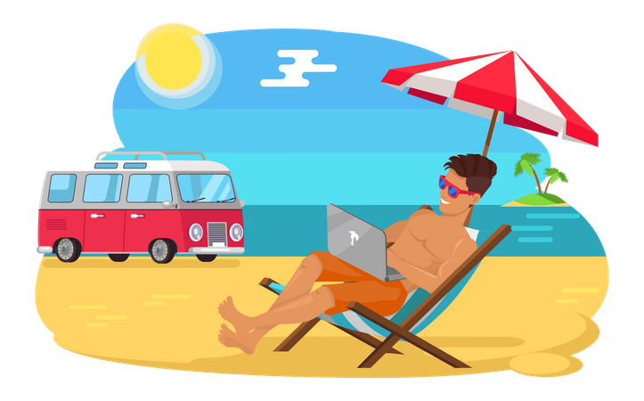 Guy freelancer with laptop working remotely on beach  Illustration