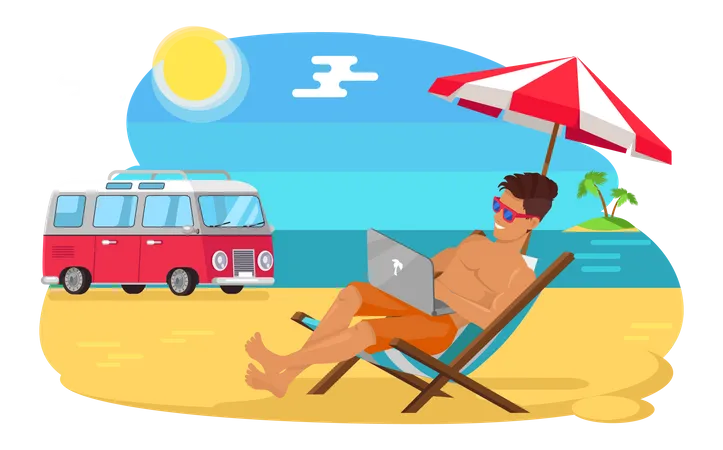 Guy freelancer with laptop working remotely on beach  Illustration