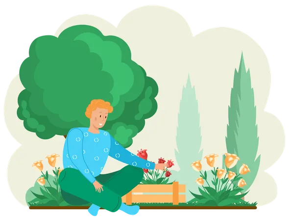 Guy gardening plants on backyard Illustration