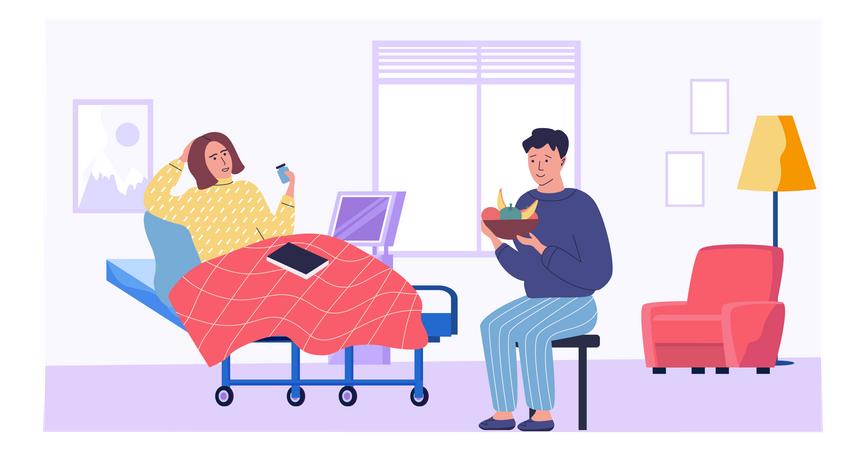 Guy gives woman fruit for immunity in medical room  Illustration