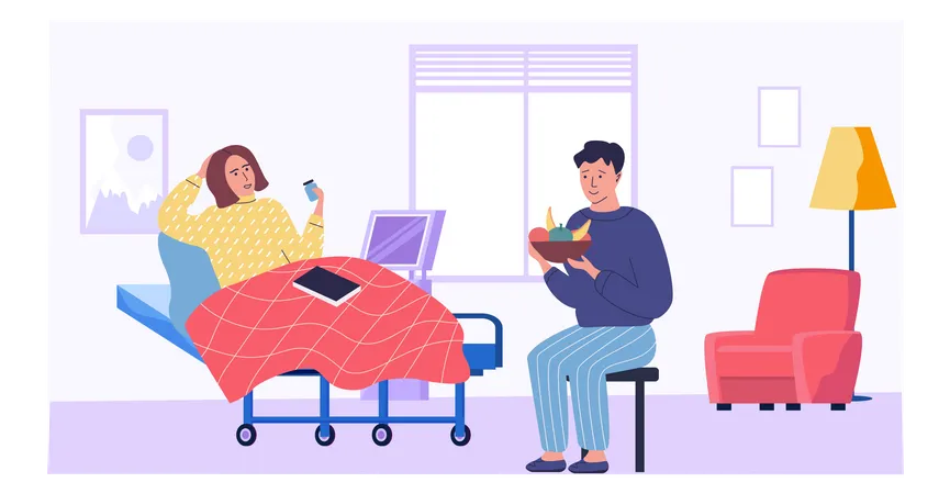 Guy gives woman fruit for immunity in medical room  Illustration