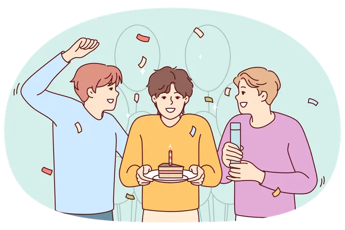 Guy greeting friend with cake  Illustration