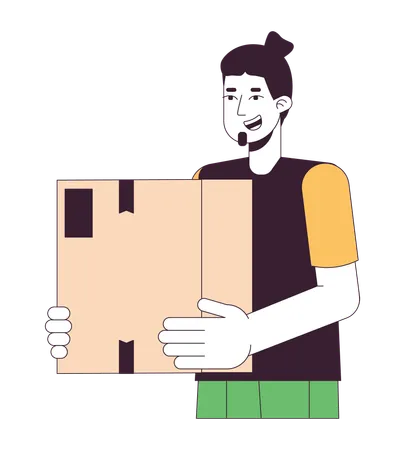 Excited Caucasian Guy Holding Cardboard Box 2 D Linear Cartoon Character European Smiling Man Receiving Package Isolated Line Vector Person White Background Takeaway Color Flat Spot Illustration Illustration
