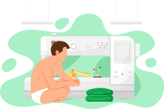 Guy in swimsuit after bath is looking at stack of green cloth  Illustration