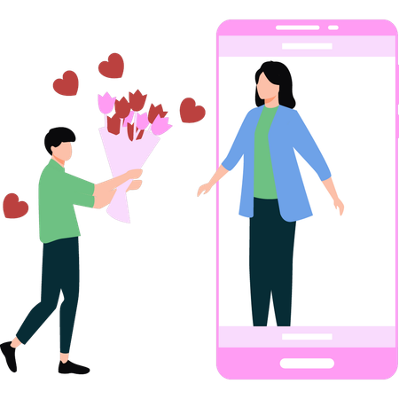 Guy is giving a bouquet to a girl online  Illustration
