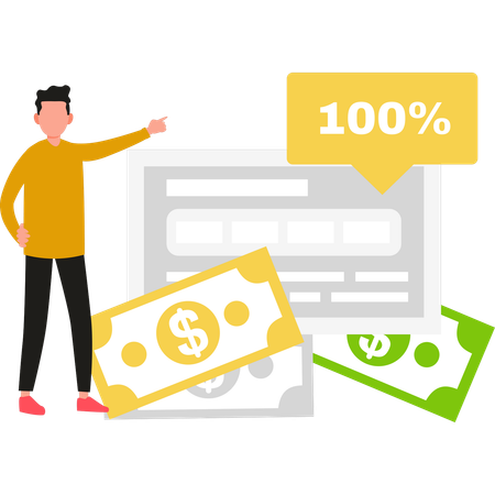 Guy is pointing at 100% chart for money  イラスト
