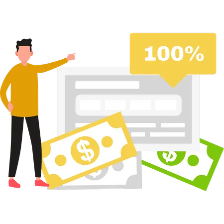 Guy is pointing at 100% chart for money  Illustration