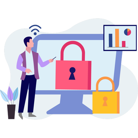 Guy is pointing at the business security  Illustration